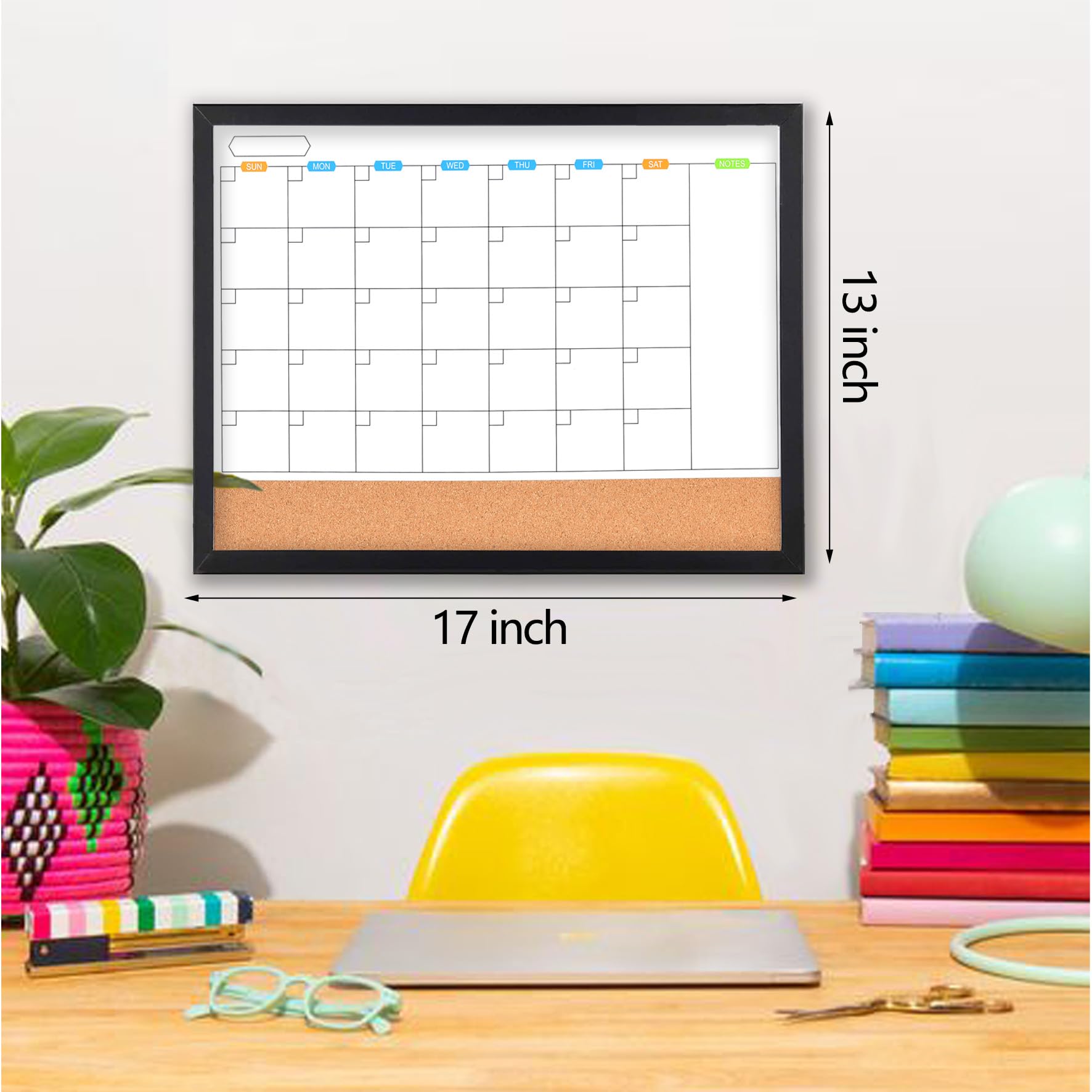 Marribol Monthly Whiteboard Calendar with Cork Board for Wall, 17"x13",Magnetic Dry Erase Board with Black Wood Framed,2-1 Wall Planner Whiteboard,Bulletin Board with Pins for Home,School,Office