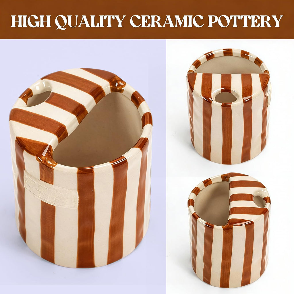 WATNTOW Ceramic Coffee Mug, Coffee Mug Espresso Cup 10oz Ceramic Coffee Mugs, Large Pottery Tea Mug Hand-Painted Striped Art Double-Enjoy Multiple Use for Kitchen, Dining (Brown)