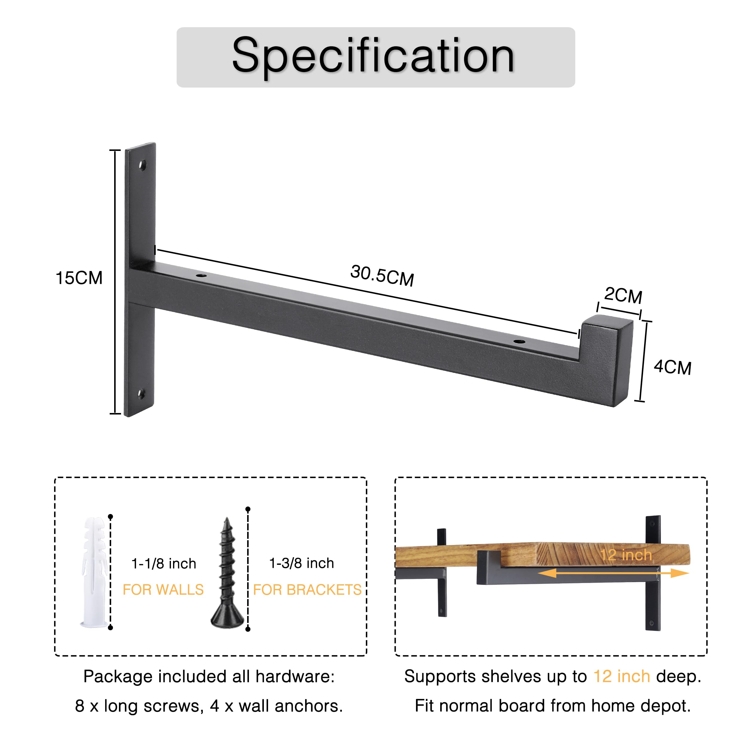 OVOV 2 Pack Heavy Duty Shelf Brackets Wall Mounted Brackets for Shelves Industrial Metal Shelf Supports Black 12 Inch