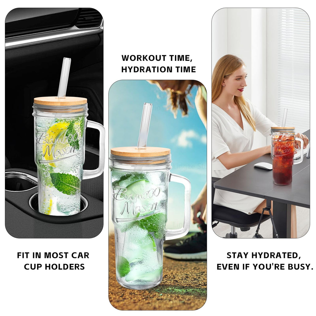 ANOTION Glass Cups with Lids and Straws - 24 oz Tumbler with Handle Halloween Coffee Cups Glass Straws Mason Jar Cups Drinking Set Kitchen Essentials Coffee Bar House Warming Gifts New Home