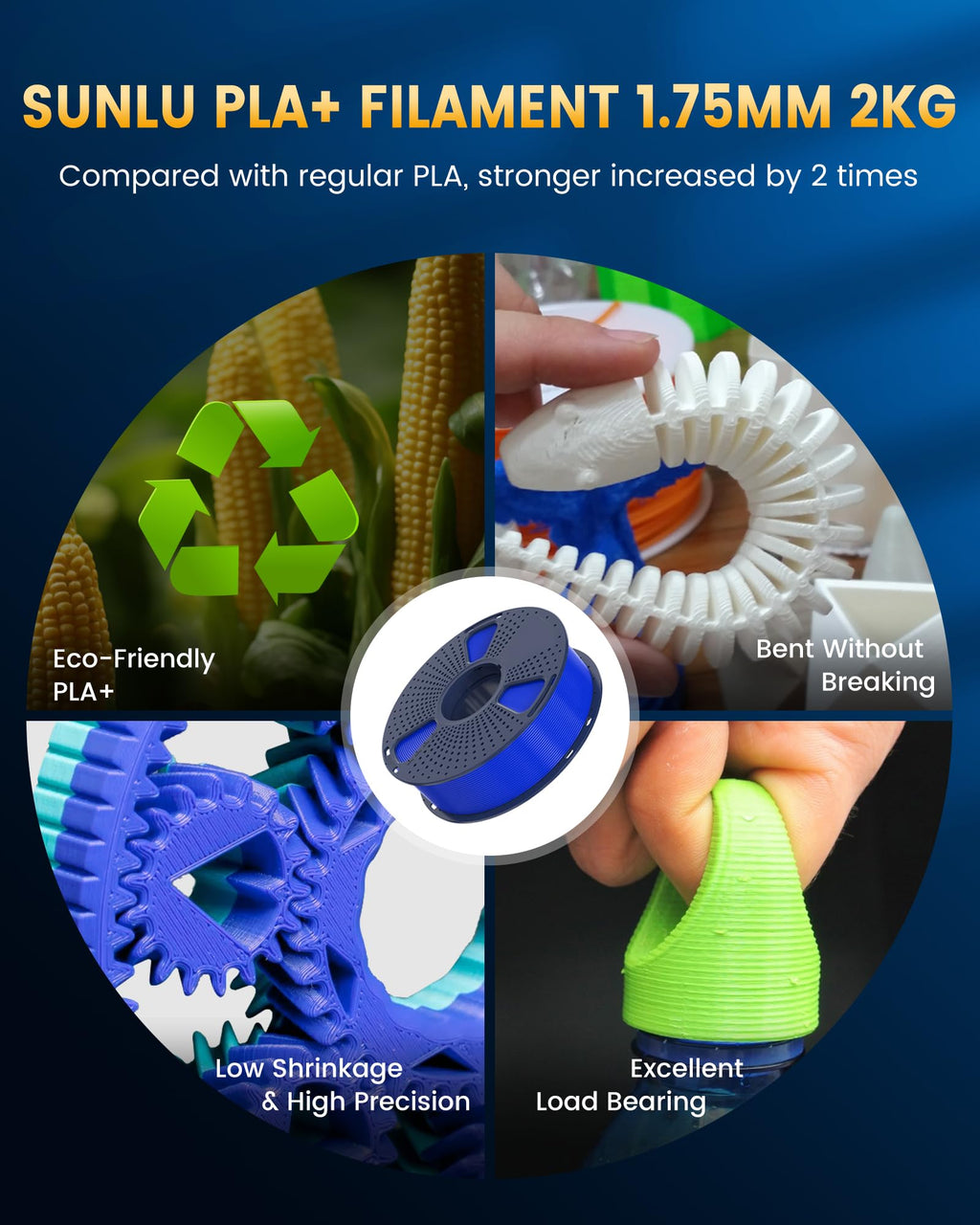 SUNLU PLA+ 2.0 3D Printer Filament, Higher Toughness & Strength, Premium PLA+ Filament 1.75mm (±0.02mm), Faster 3D Printing Fits Most FDM 3D Printers, 1KG Reusable Spool, Vivid Yellow