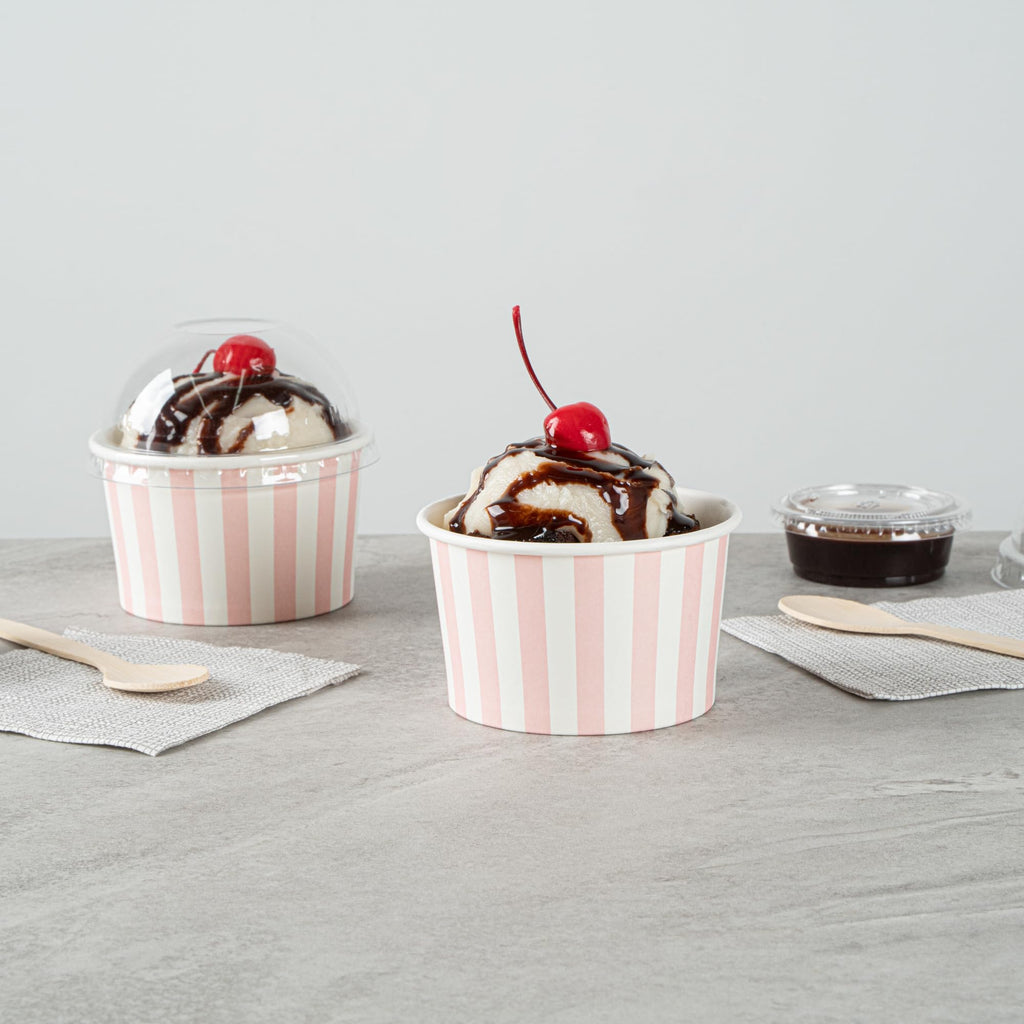 Coppetta 5-Ounce Dessert Cups, 50 Disposable Ice Cream Cups - Lids Sold Separately, Striped, Pink and White Paper FroYo Bowls, for Hot and Cold Foods, Perfect for Gelato Or Mousse - Restaurantware