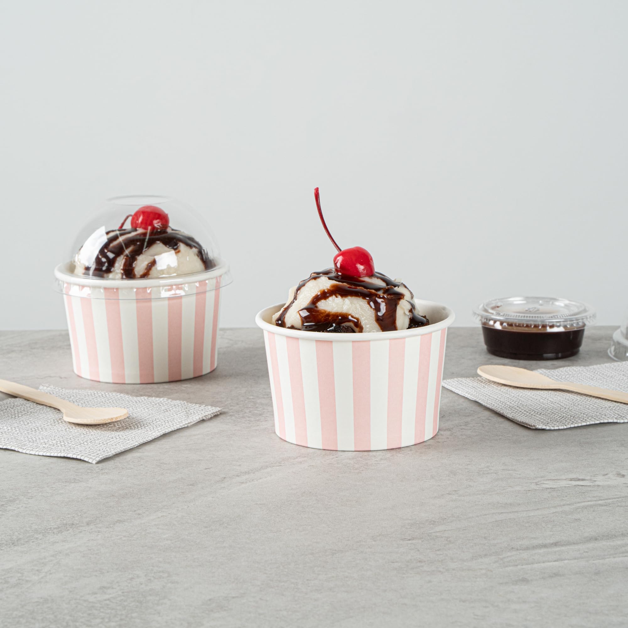Coppetta 5-Ounce Dessert Cups, 50 Disposable Ice Cream Cups - Lids Sold Separately, Striped, Pink and White Paper FroYo Bowls, for Hot and Cold Foods, Perfect for Gelato Or Mousse - Restaurantware