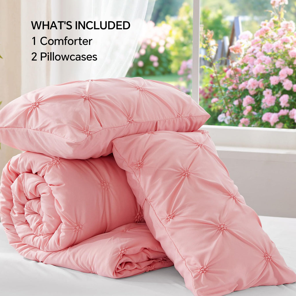 BEDELITE Queen Comforter Set Pink - 3 Pieces Boho Pintuck Bedding Sets, Queen Size Bed Set with 2 Pillow Shams for All Seasons, Room Decor Valentine's Gift,Lightweight Soft and Warm