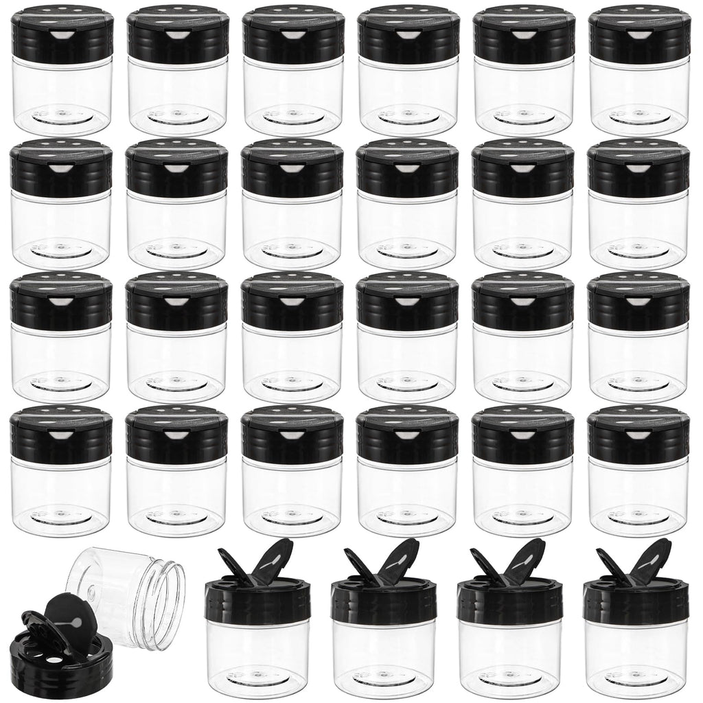 Foraineam 30 Pack Clear Plastic Jars 4 oz Mini Seasoning Bottles Spice Jars with Black Flip Cap to Pour Or Shaker, Round Food Safe Storage Containers with Lids for Spice Powders Cosmetics Crafts