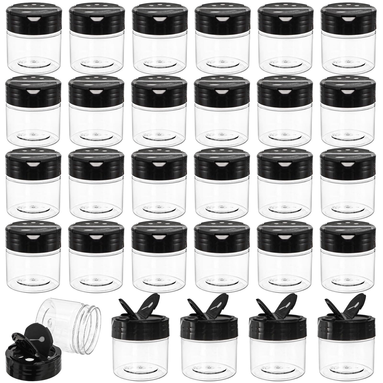 Foraineam 30 Pack Clear Plastic Jars 4 oz Mini Seasoning Bottles Spice Jars with Black Flip Cap to Pour Or Shaker, Round Food Safe Storage Containers with Lids for Spice Powders Cosmetics Crafts