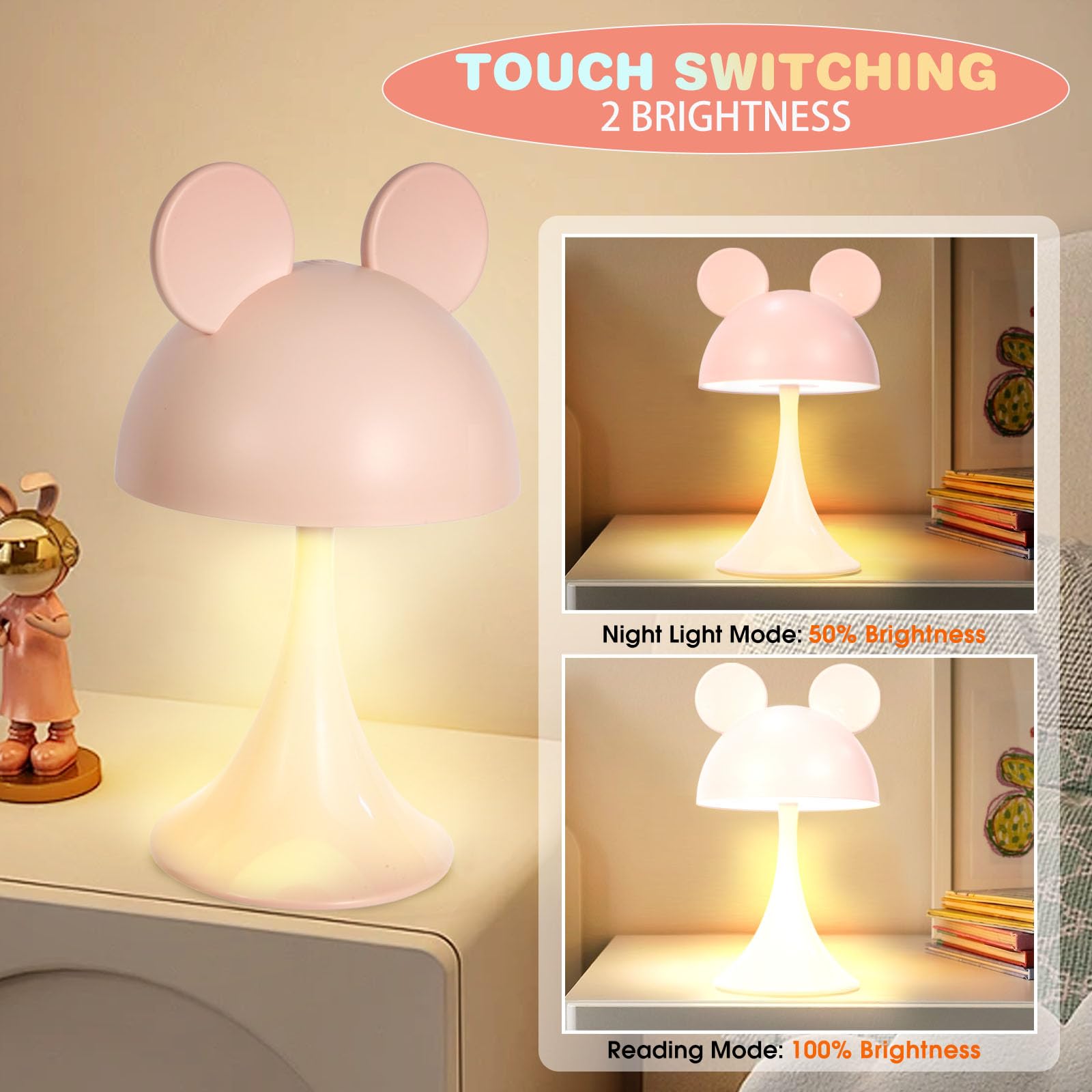 MARZIUS Rechargeable Mouse-Shaped LED Bedside Lamp – Kids Room Night Light with Touch Dimming & 3 Color Temperatures (Pink)