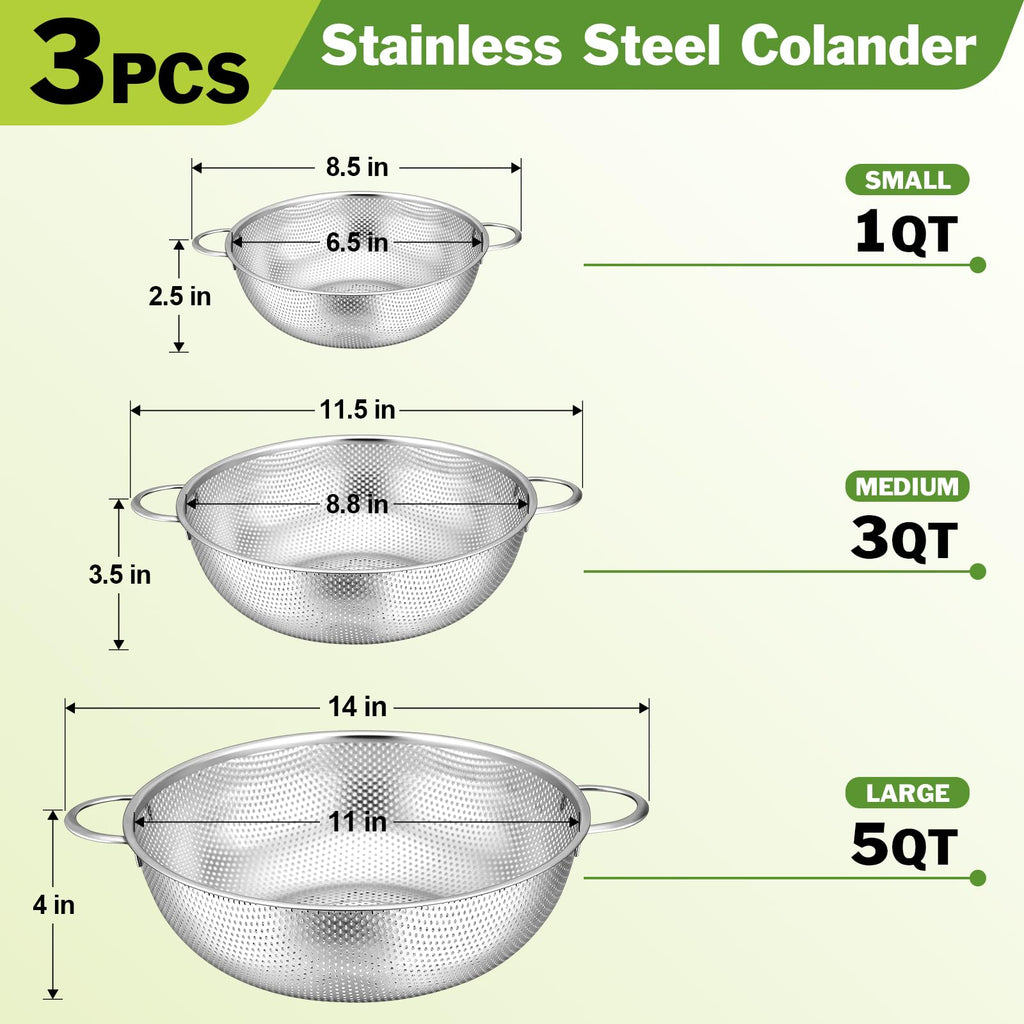 HaSteeL Stainless Steel Colander Set of 3, Micro-Perforated Metal Colander Strainer with Handle, Ideal for Kitchen Draining/Rinsing/Washing Pasta Spaghetti Vegetable Fruit, Dishwasher Safe - 1/3/5 QT