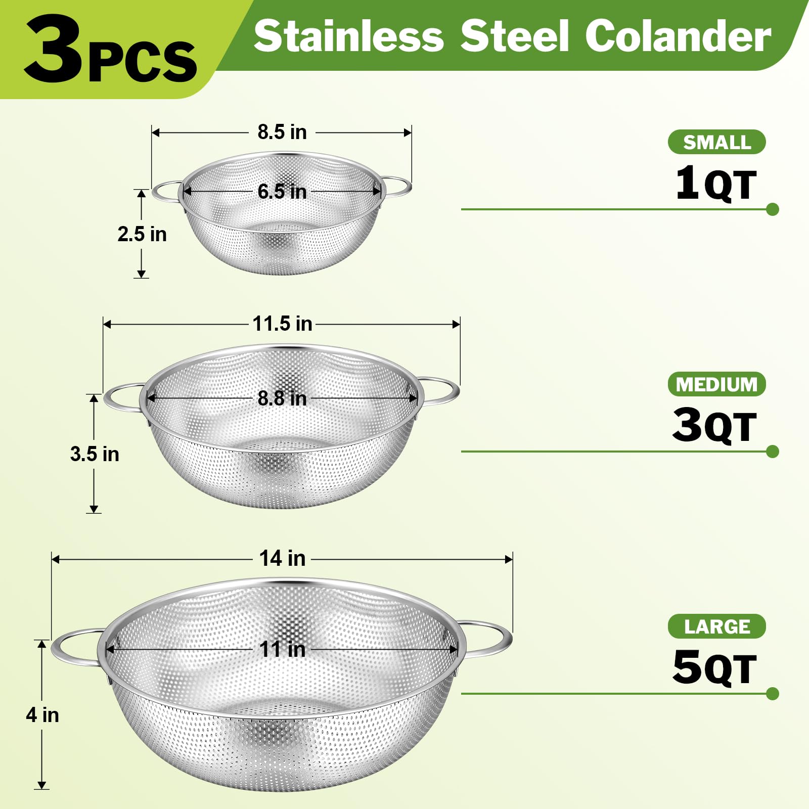 HaSteeL Stainless Steel Colander Set of 3, Micro-Perforated Metal Colander Strainer with Handle, Ideal for Kitchen Draining/Rinsing/Washing Pasta Spaghetti Vegetable Fruit, Dishwasher Safe - 1/3/5 QT