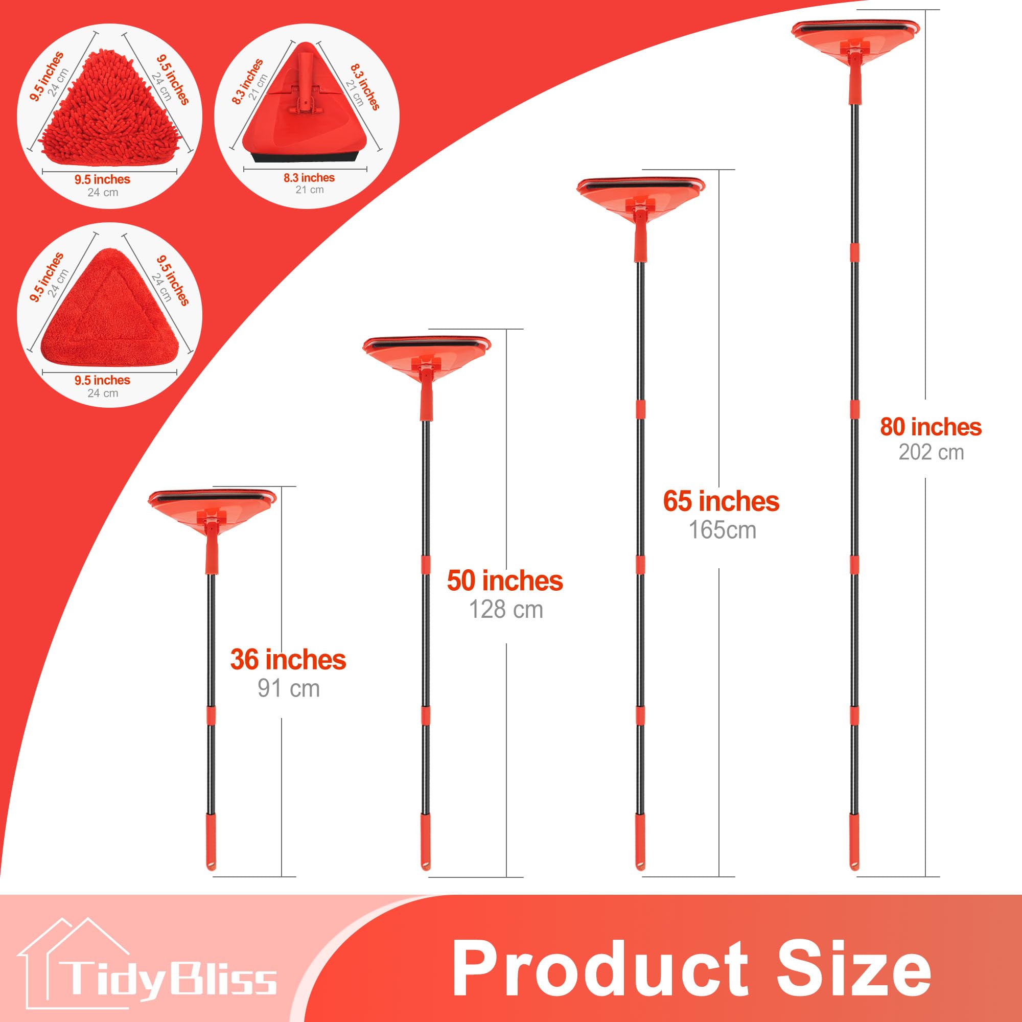 TidyBliss Wall Cleaning Mop with Long Handle 80”, Ceiling Duster Scrubber with 360° Swivel Collapsible Head, Baseboard Cleaner Tool with 3 Chenille and 3 Microfiber Pads for Windows Floor (Red)