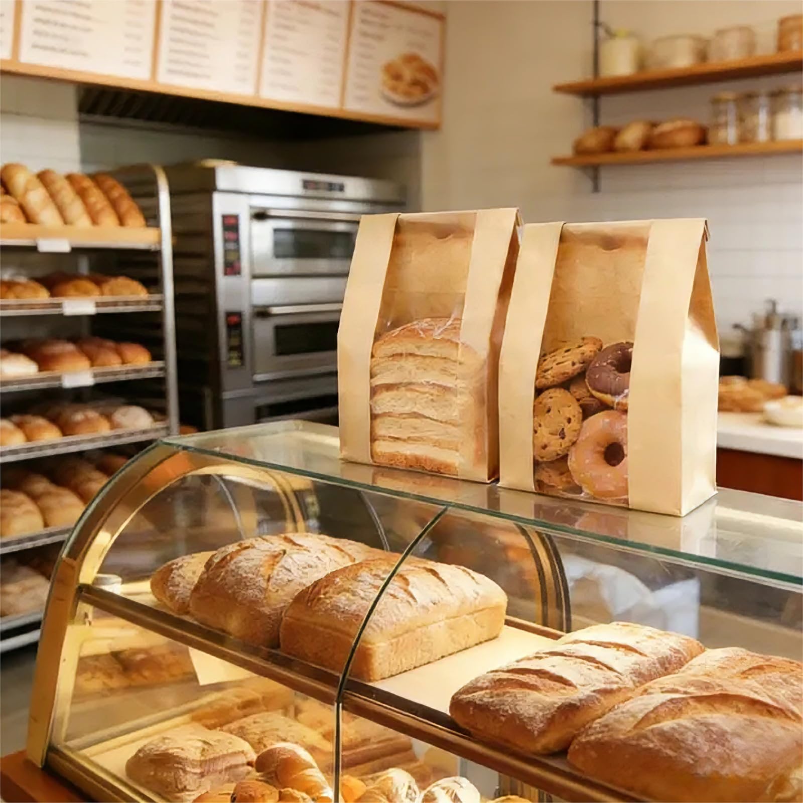 ZENFUN 100 Pack Paper Bread Bags, Sourdough Bread Bags with Clear Window & Stickers, Waterproof & Oil-resistant Paper Bakery Bag for Baked Food Packaging Storage, Treat Packaging, 8.3 x 4 x 12.6 Inch