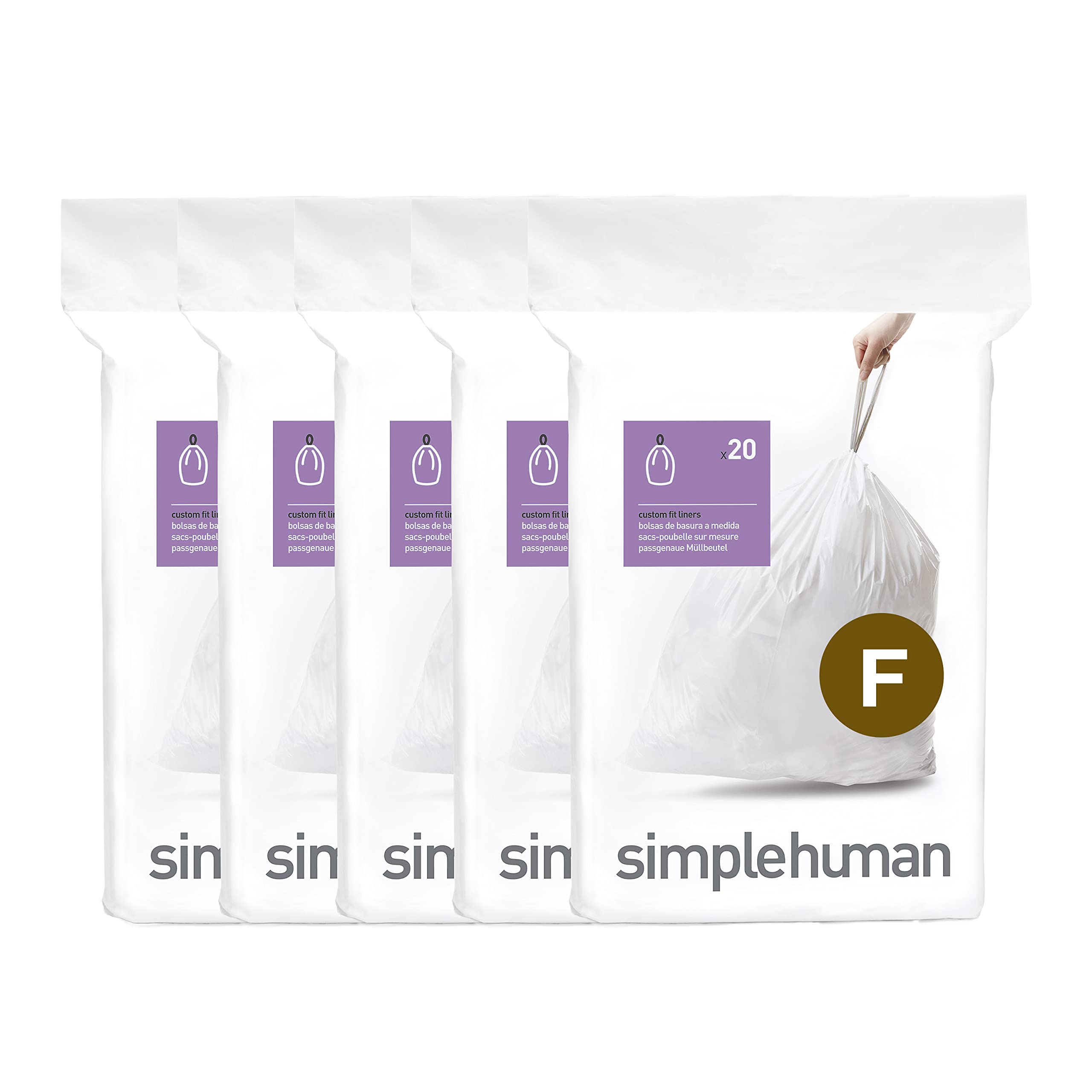 simplehuman Code F 100 Count, Dispenser Pack Custom Fit Liners, Drawstring Trash Bags, 25-30L / 6.6-9 Gallons, White