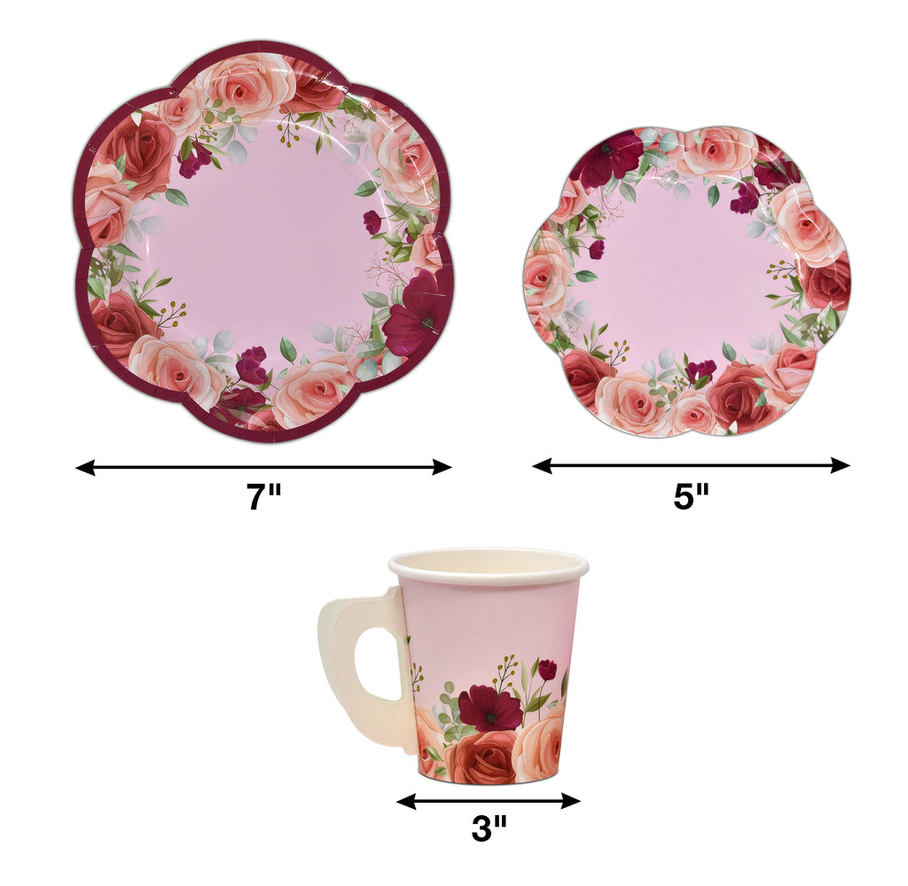 Floral Tea Teacup Party Supplies Set 24 7" Flower Shaped Paper Plates 24 5" Scalloped Saucer Plate 24 7 Oz Tea Cup with Handle 48 Lunch Napkin for Disposable Spring Bridal Baby Shower Wedding Birthday