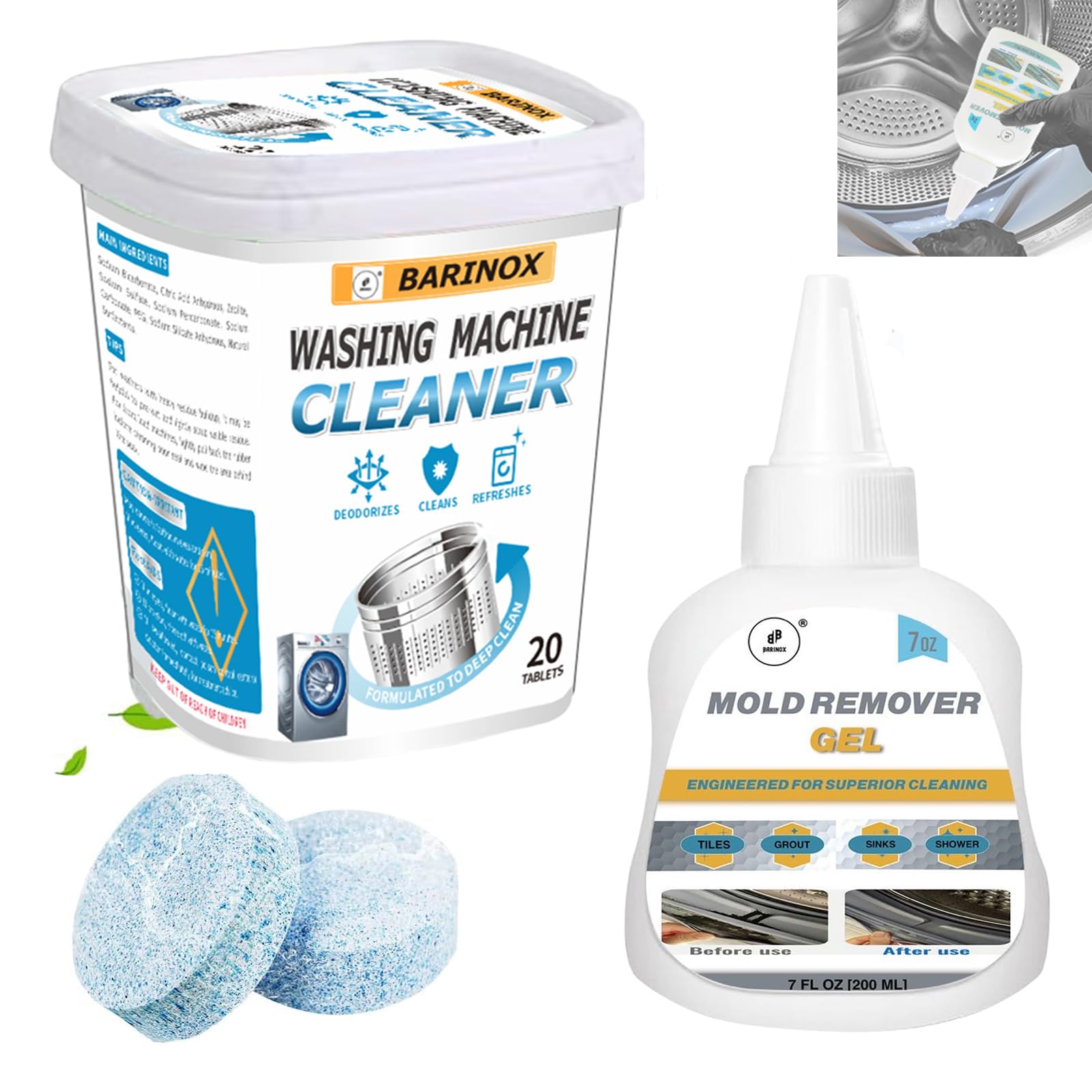BARINOX Washing Machine Cleaner and Washing Machine Stain Remover Gel, Includes 20ct Washer Cleaning Tablets and 7 oz Household Stain Remover Gel- 2 IN 1 KIT - PERFECT FORMULA FOR WASHING MACHINES