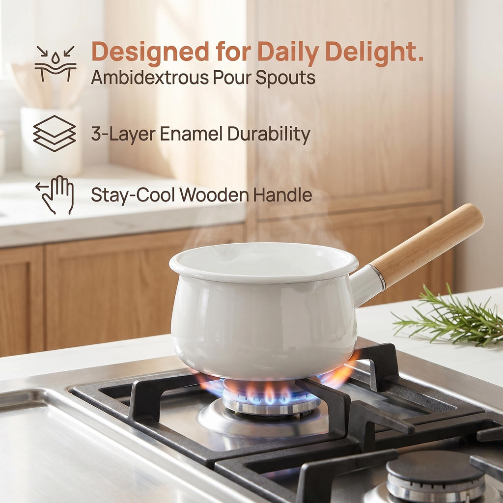 Jucoan 1 Quart Enamel Milk Pan with Dual Pour Spout, Small Enamel on Steel Saucepan Milk Pot Butter Warmer with Wooden Handle, Stove Top Soup Simmer Pot for Home Kitchen Cooking Heating Boiling