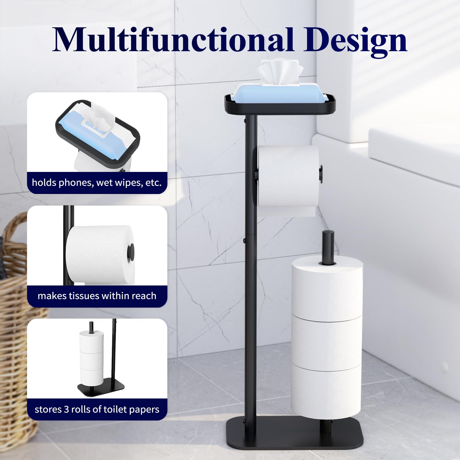 Kitsure Toilet Paper Roll Holder Free Standing – Rustproof Metal Toilet Paper Stand for 4 Rolls with Anti-Slip Base and Shelf for Phone & Small Items, Black, 63.0 x 23.5 x 15.0 cm