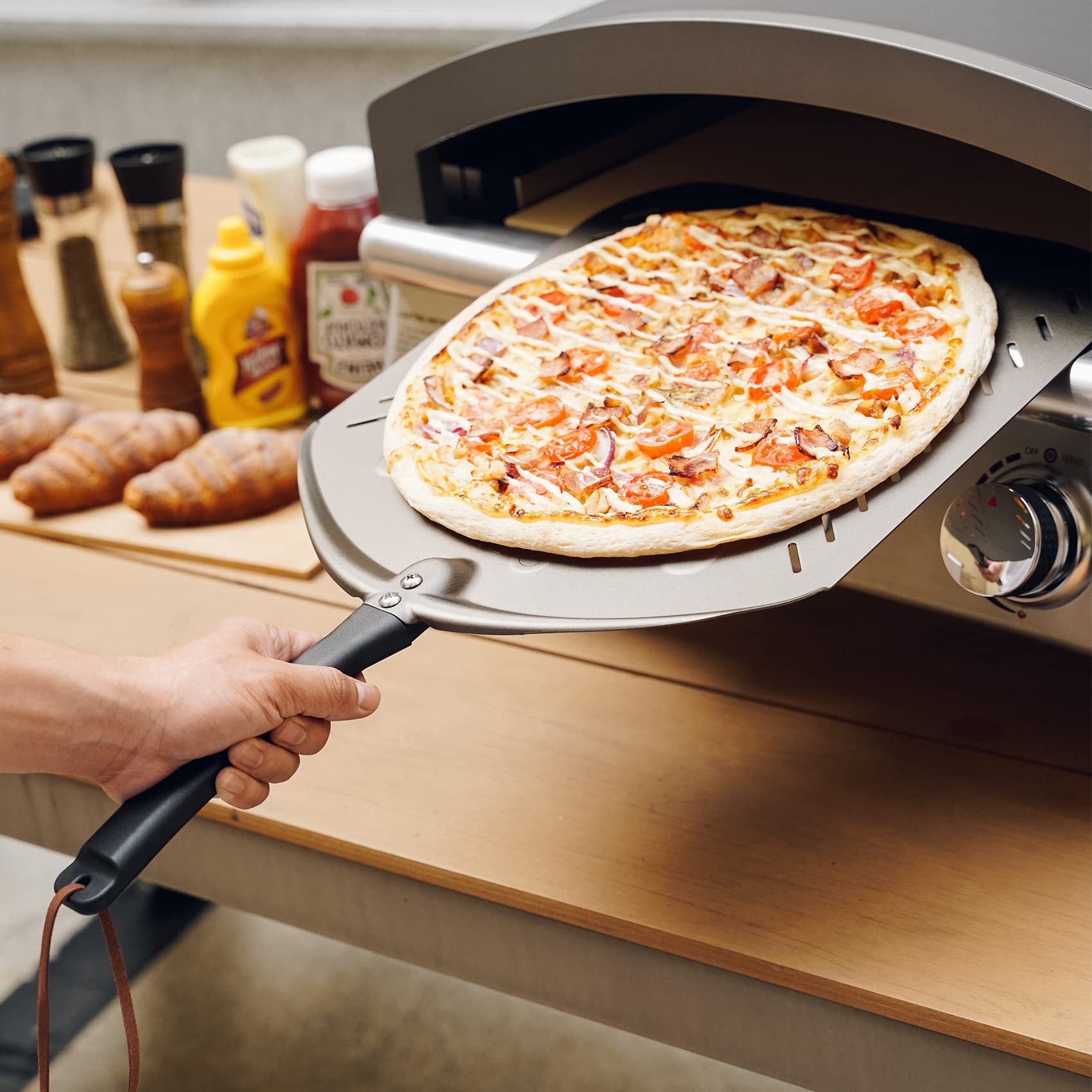 Q Pizza Aluminum Non-Stick Pizza Peel with Strap for Easy Storage, 14" Extra Large Perforated Metal Pizza Paddle for Grill Oven, Pizza Spatula for Baking Bread Pastry Pie Cake Pizza