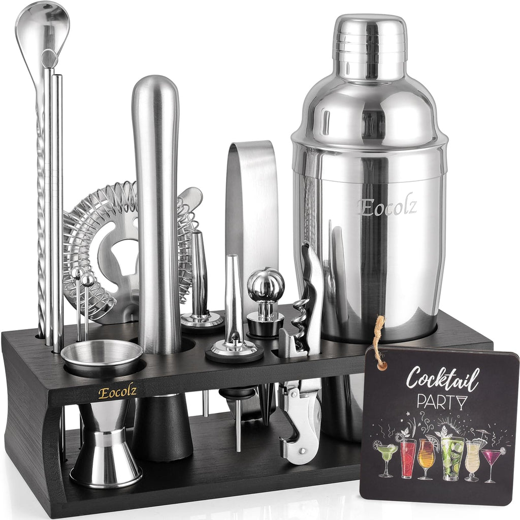 Bartender Kit with Stand Cocktail Shaker Set | 17 Piece Bar Tool Set, Bar Kit Cocktail Set for Drink Mixing - Includes Martini Shaker, Strainer, Jigger, Bar Mixer Spoon, Muddler, Tongs | Gift Idea