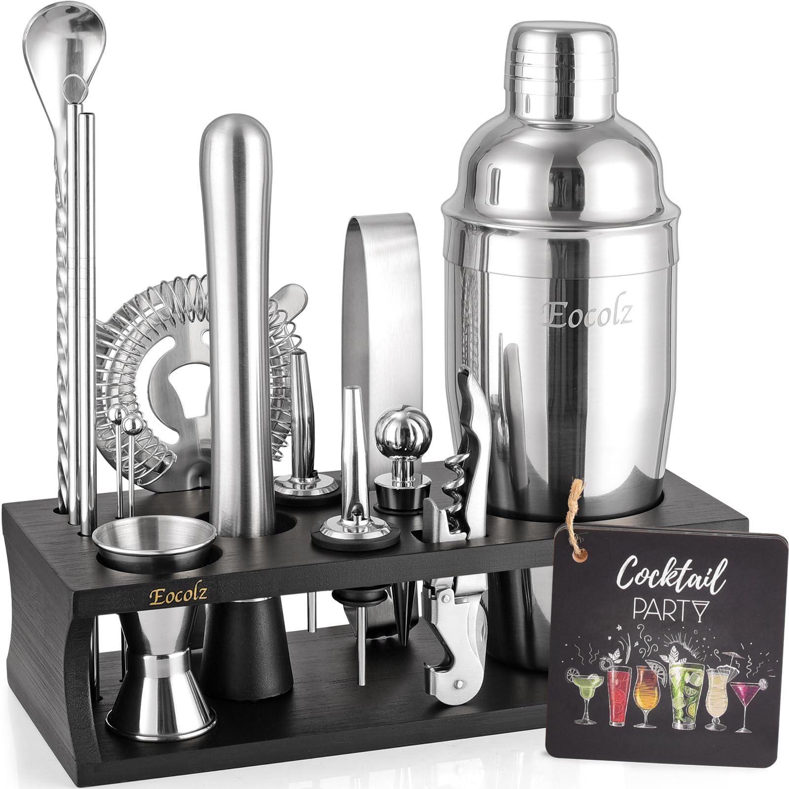 Bartender Kit with Stand Cocktail Shaker Set | 17 Piece Bar Tool Set, Bar Kit Cocktail Set for Drink Mixing - Includes Martini Shaker, Strainer, Jigger, Bar Mixer Spoon, Muddler, Tongs | Gift Idea