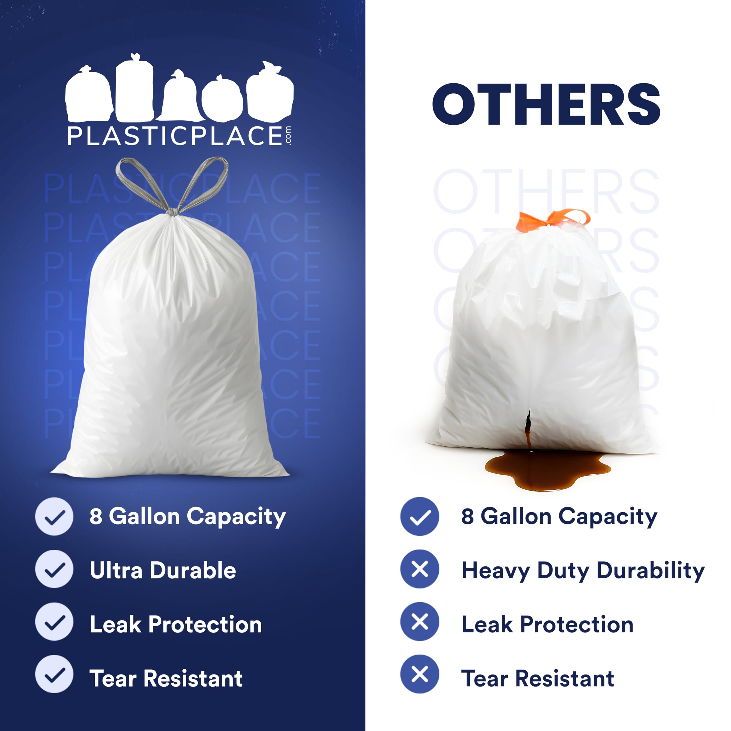Plasticplace 8 Gallon White Drawstring Bags, 100 Count