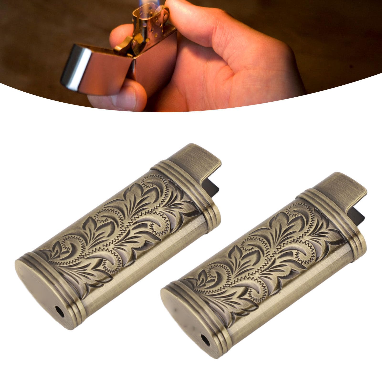 Metal Lighter Case Cover Holder Vintage Floral Stamped, 2pcs Retro Lighter Case Compact 3D Floral Stamped Engraving Zinc Alloy Protective Case Cover(Bronze)