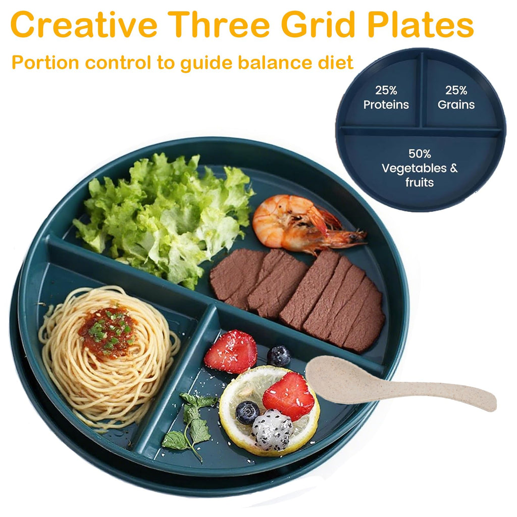 8 Pack Divided Plates 9 Inch Unbreakable Portion Control Plate Sectioned with Dividers, Plastic Food Separator Dinner Plates with 8 Spoons Lightweight Compartment Reusable Microwave Safe