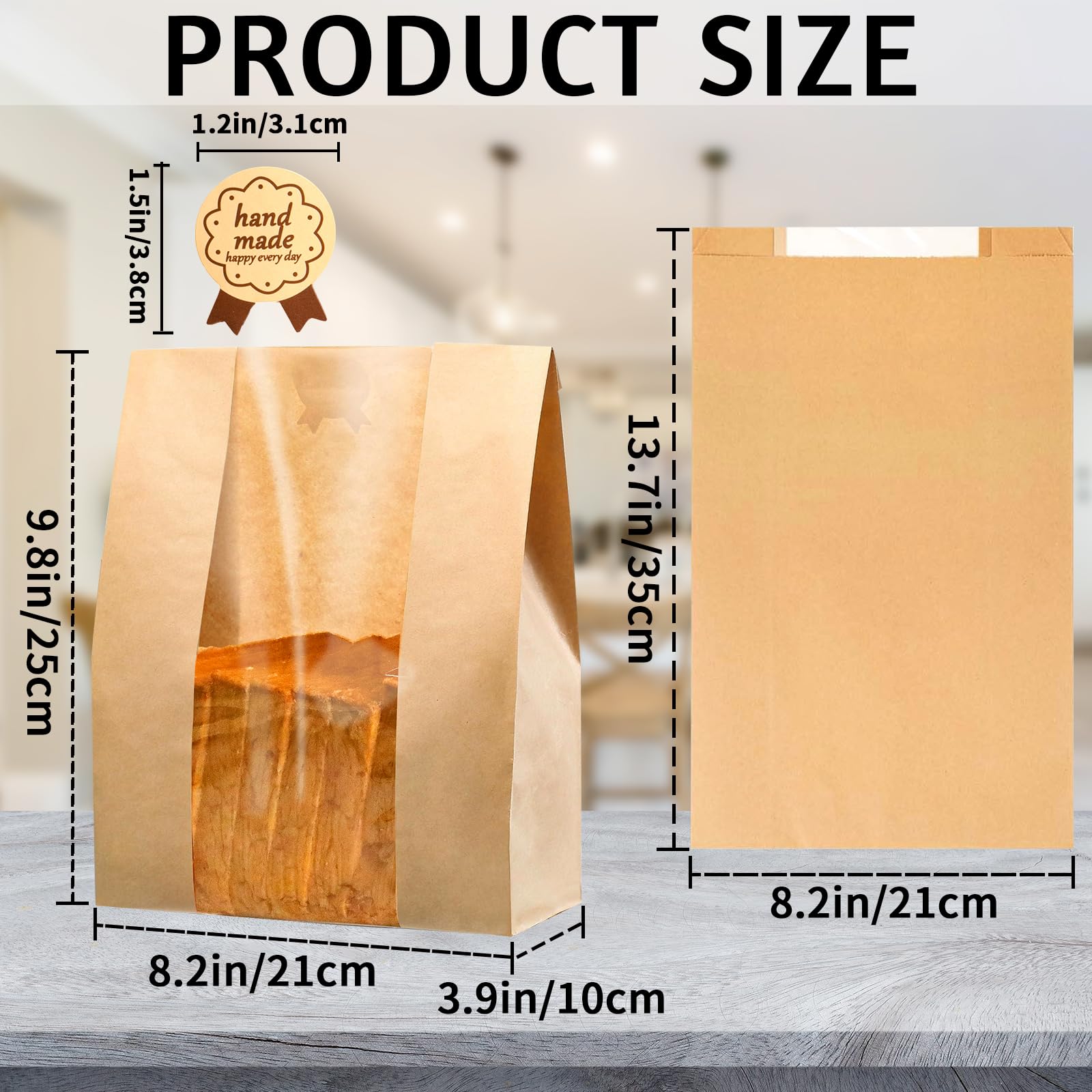 100Packs Sourdough Bread Bags for Homemade Bread, Brown Paper Food Storage Bags with Clear Window Includes Label Seal Stickers,Bakery Packaging Bags Large 13.7x8.2x3.5inch