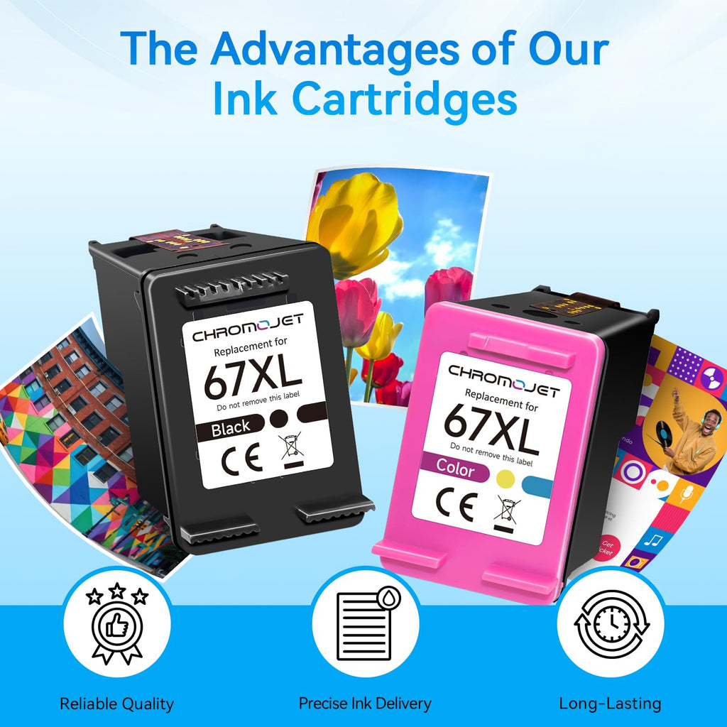 Chromojet 67XL Ink Cartridges Black/Color Combo Pack Compatible for HP Ink 67 67XL Printer Ink 67 Fit for DeskJet 4155e 2855e 2755e 2700 2700e 2800e 4100 Envy 6055e 6455e 6000 6400 Printer