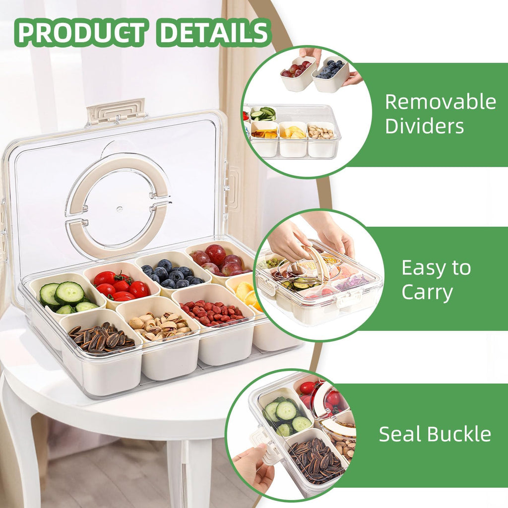 shopwithgreen 8 Compartment Snack Box Container, Divided Serving Tray with Lid and Handle, Portable Snackle Box for Veggies, Fruit, Nuts, Candy (2 Pack)