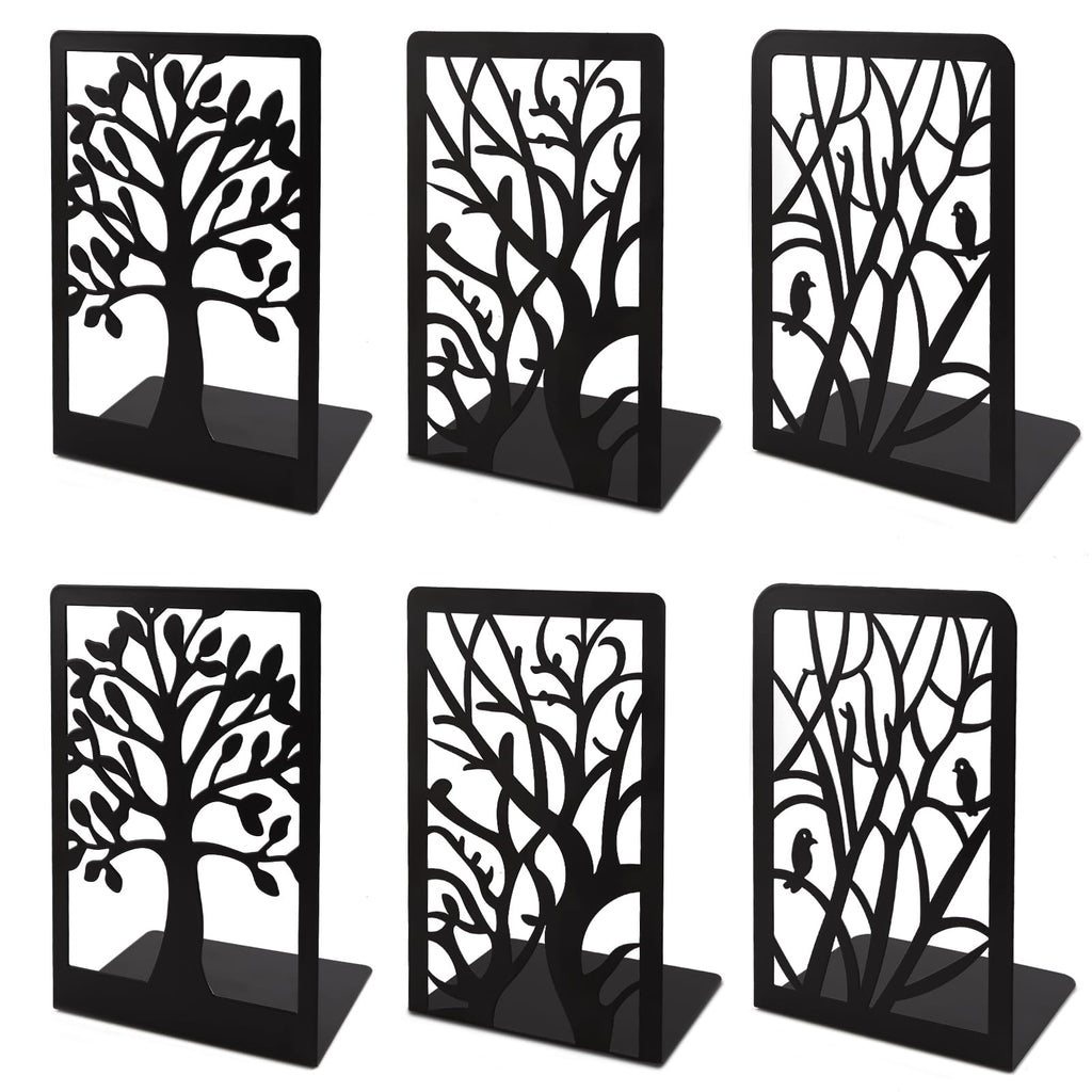 Cyrico Book Ends, 3 Pairs Metal Tree Bookend Holders for Shelves, Heavy Duty Organizer Decorative Book End Stoppers for Home Office School, 6.6 x 4.7 x 3.5 Inch, Black