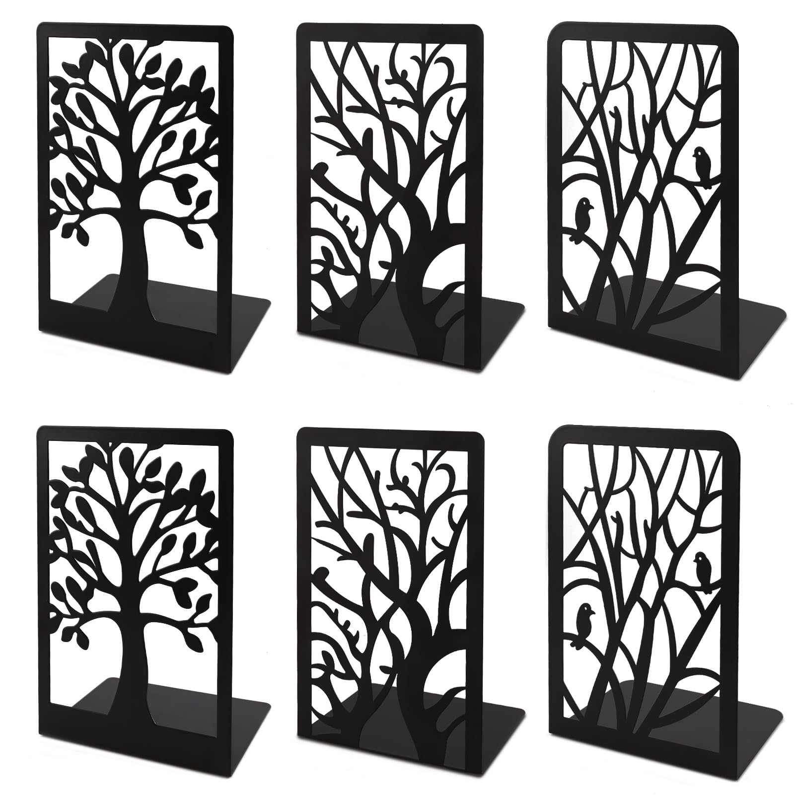 Cyrico Book Ends, 3 Pairs Metal Tree Bookend Holders for Shelves, Heavy Duty Organizer Decorative Book End Stoppers for Home Office School, 6.6 x 4.7 x 3.5 Inch, Black