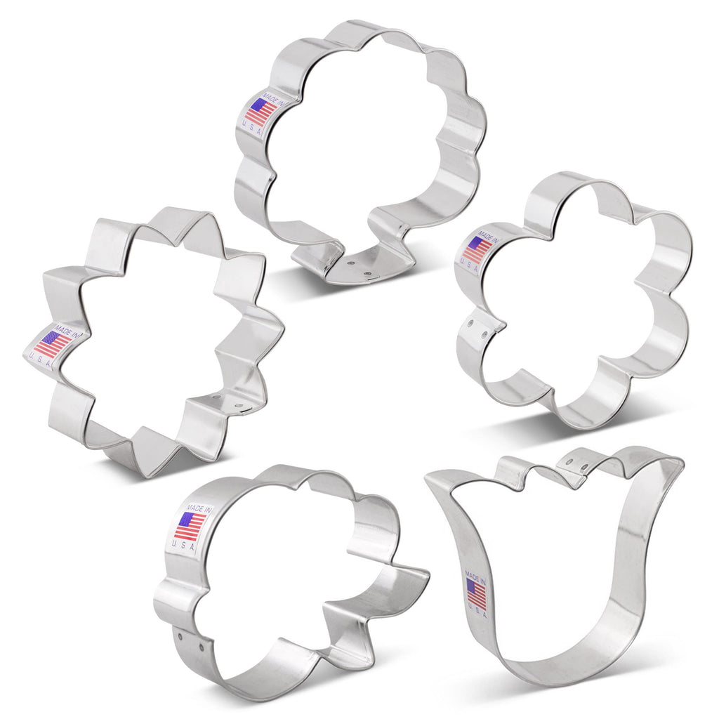 Summer Flowers Cookie Cutters 5-Pc. Set Made in The USA by Ann Clark, Flower, Rose, Sunflower, Tulip, Flower Bouquet
