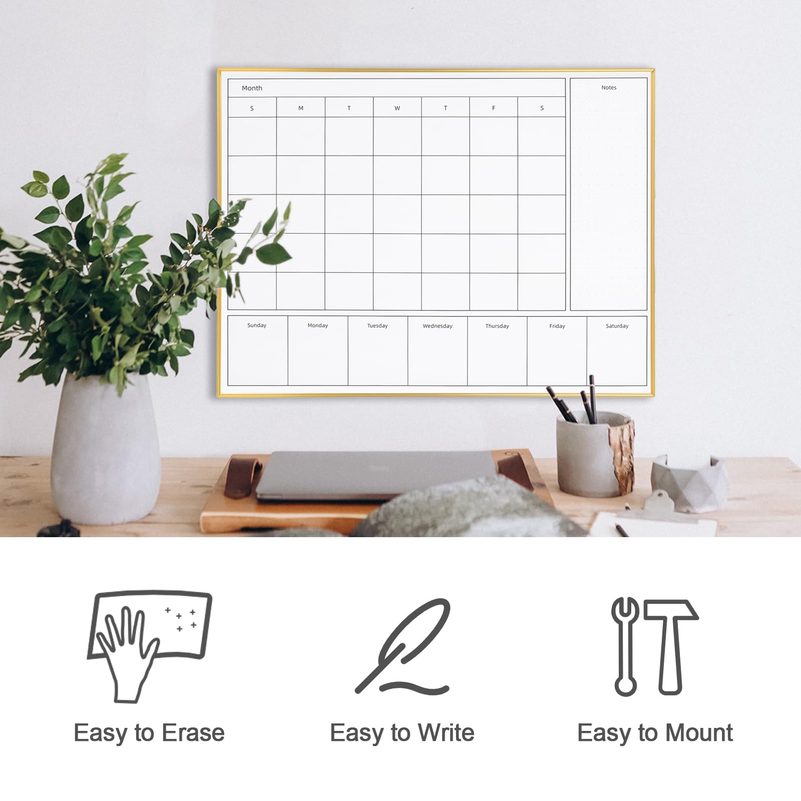Aitakatta 3-in-1 Dry Erase Calendar for Wall with Gold Aluminum Frame, Magnetic Monthly & Weekly Calendar Whiteboard, Dry Erase Board for Wall, Hanging White Board for Decor/Memo(YL+ZL-Gold,4333)