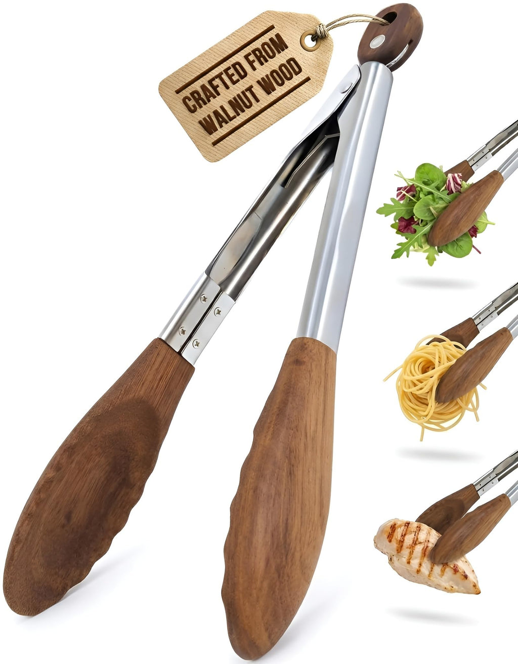 Wooden Tongs for Cooking 12 Inch - Natural Walnut Wood Salad Tongs for Serving, Non-Toxic BPA Free Kitchen Tongs, Heat Resistant Nonstick Safe Cooking Tongs with Stainless Steel