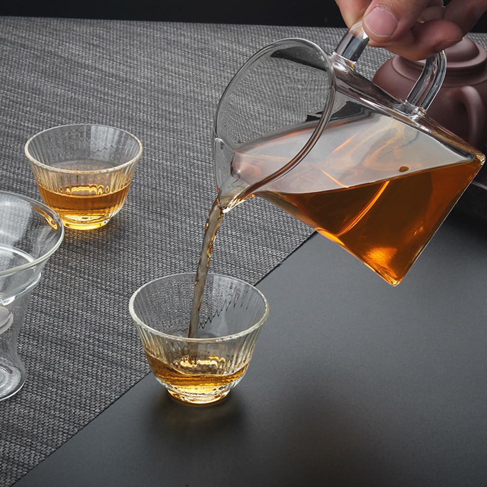 Yarlung 4 Pack Small Glass Pitcher, 12 Oz Clear Creamer Pitcher with Handle, Creative Coffee Milk Pitcher Tea Fair Cups for Table Serving, Square Base