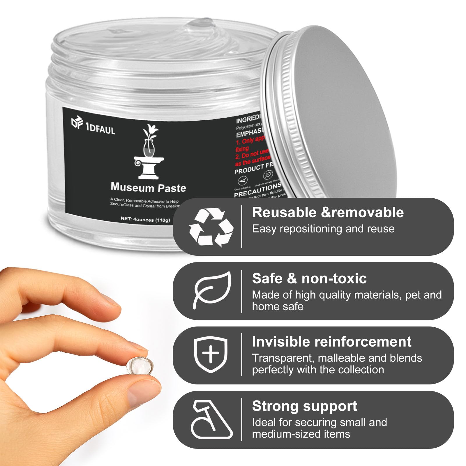 1DFAUL 110g Exhibits Gel for Museum, Removable Clear Museum Paste Putty Wax, Reusable & No Residue, Fixed Collection Artifacts and Decorations to Prevent Vibration, Falling