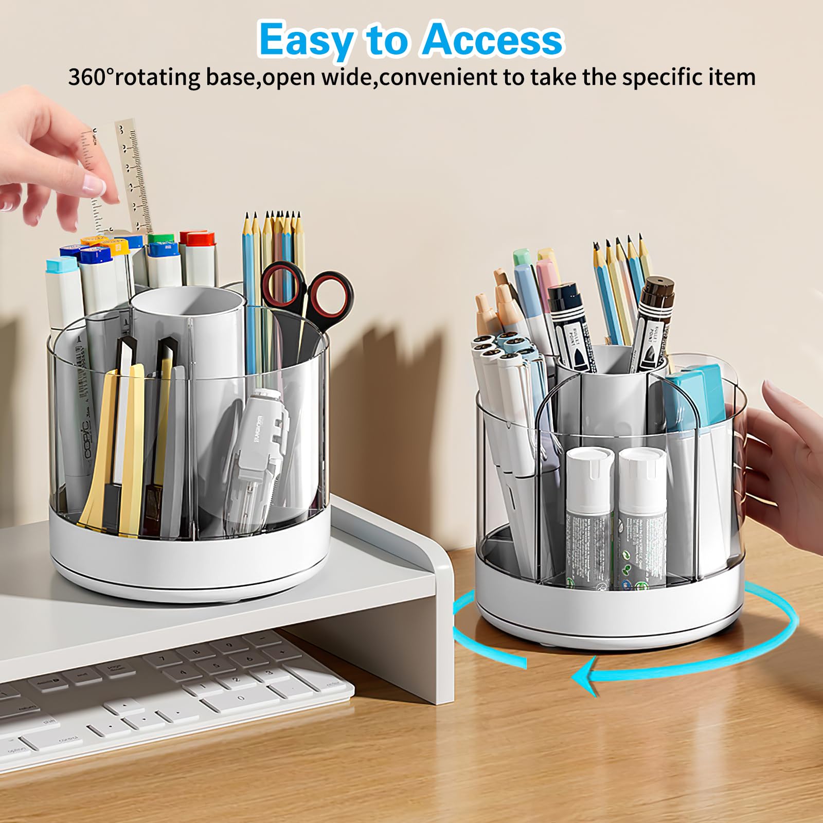 Marte Vanci Pen Holder for Desk, 360°Rotating Pen Holder for Desk, Pencil Holder Makeup Holder for Home Office School, Desktop Storage Stationery Desk Organizers and Accessories (White)