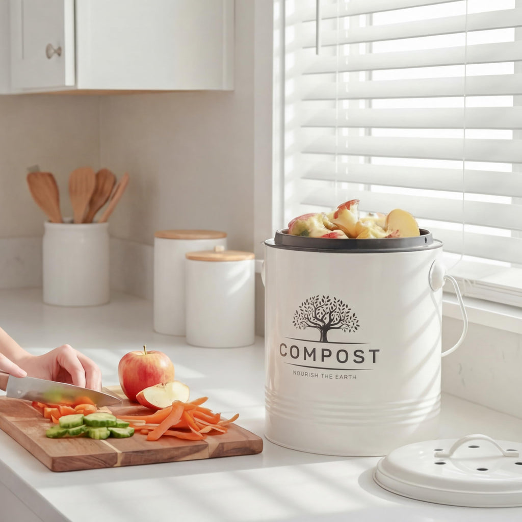 Perfnique Kitchen Compost Bin, 1.3 Gallon Countertop Compost Bin with Lid, Indoor Compost Bucket Includes Inner Bucket Liner and Carbon Filter, Small Compost Bin with Trash Bags (with Bags, Cream)