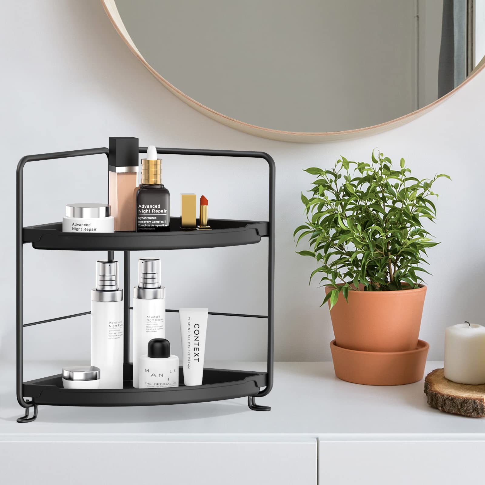 Mokani Bathroom Organizers Countertop, 2-Tier Corner Shelf, Counter Organizer, Makeup Cosmetic Perfume Vanity Storage for Bathroom Washroom Kitchen Spice Rack