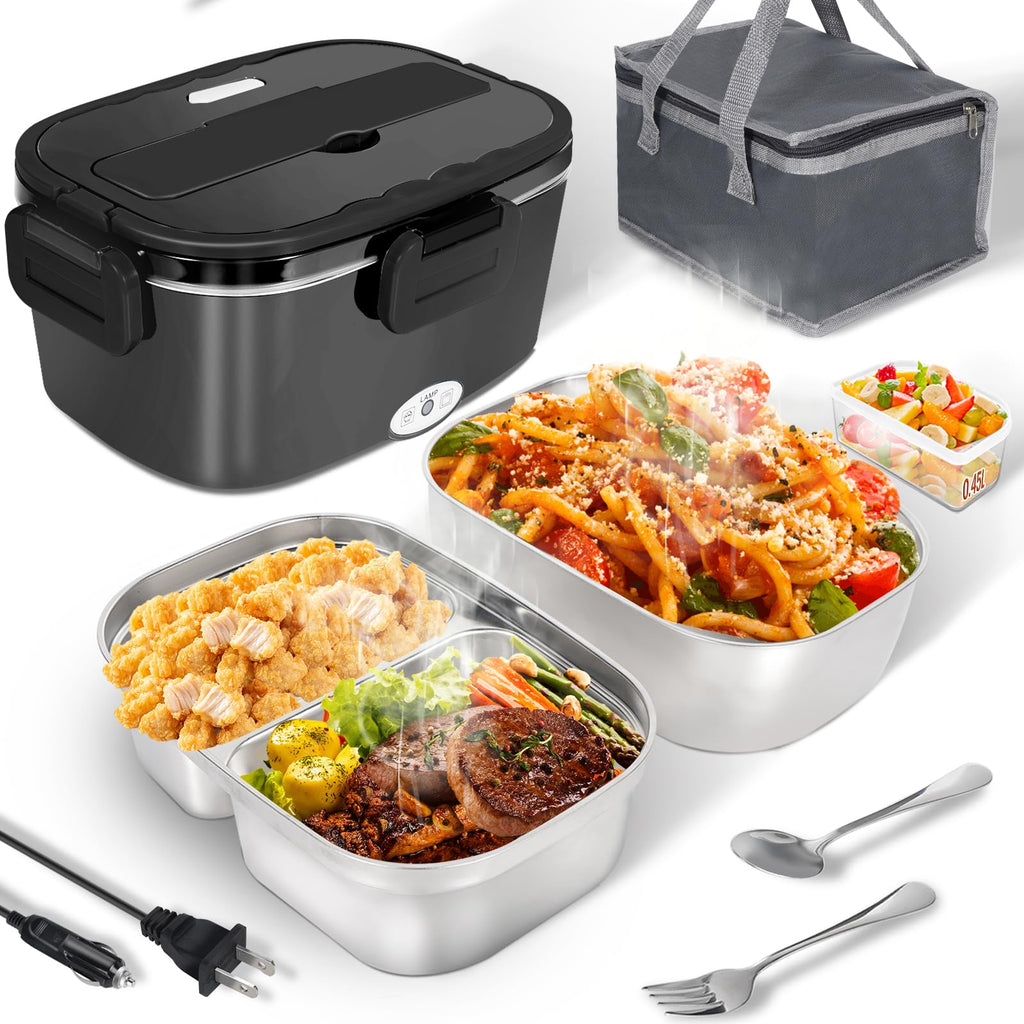 Electric Lunch Box Food Heater - 80W Fast Heating Lunch Box Dual 1.5L Removable SS Containers Portable Food Warmer for Car（12V/Truck（24V/ Office(110V)/ Work/Travel Use - Ideal for Men, Women, Adults