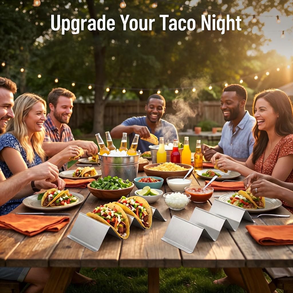 Bekith Stainless Steel Taco Holder Stand 6 Pack, Taco Holder Stand Tray with Handles, Up to 3 Tacos Each Keeping Shells Upright, Stylish Taco Shell Holders, Oven, Grill and Dishwasher Safe