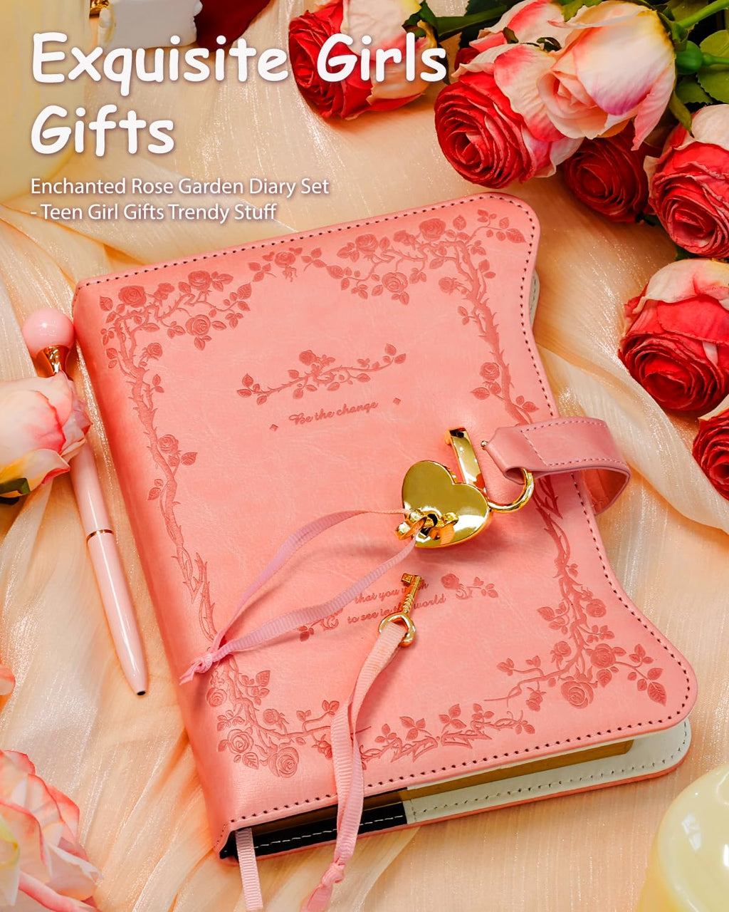 Hoci Poci Diary with Lock and Keys for Girls Gift Ideas, Refillable Journal for Women, Secret Notebook with Lined Pages for Writing Drawing, Pen and Bookmark Included (Pink)