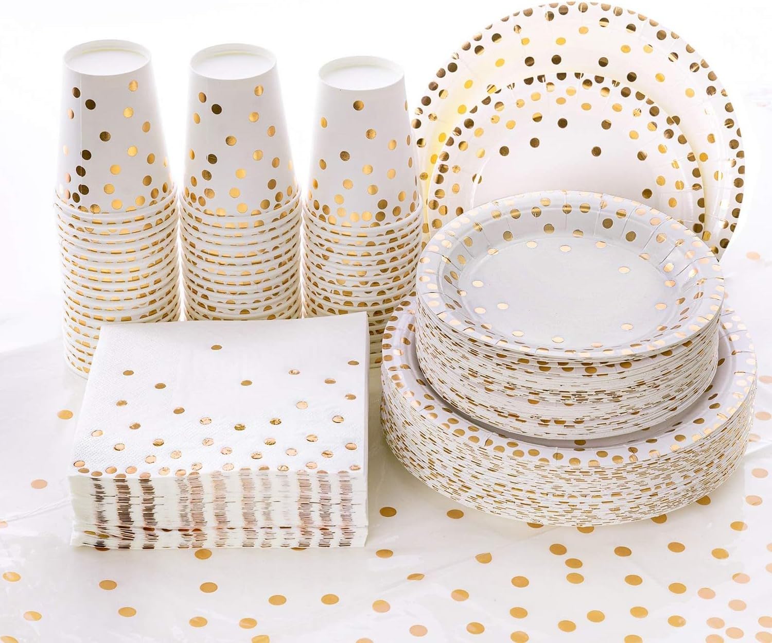 201Pcs White and Gold Paper Plates Party Supplies for 50 Guests,Disposable Party Decorations Dinnerware Gold Dot Paper Plates Napkins Cups Tablecloth for Birthday Wedding Babyshower