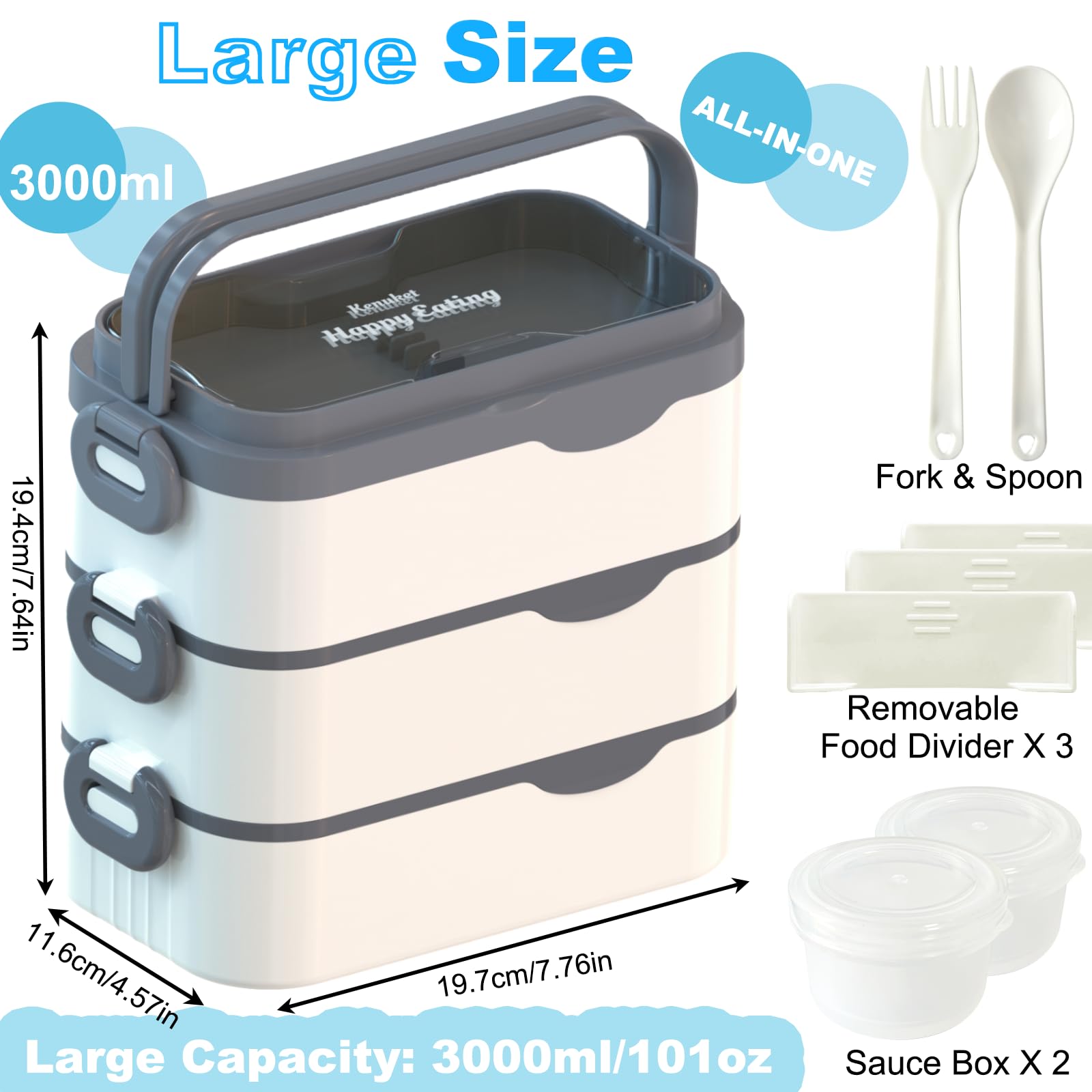 Bento Box Adult Lunch Box, Stackable 3 Layers Large Capacity Lunch Containers, Microwave and Dishwasher Safe Food Grade Containers with Utensils, Dividers and Sauce Boxes for Men, Women, Kids