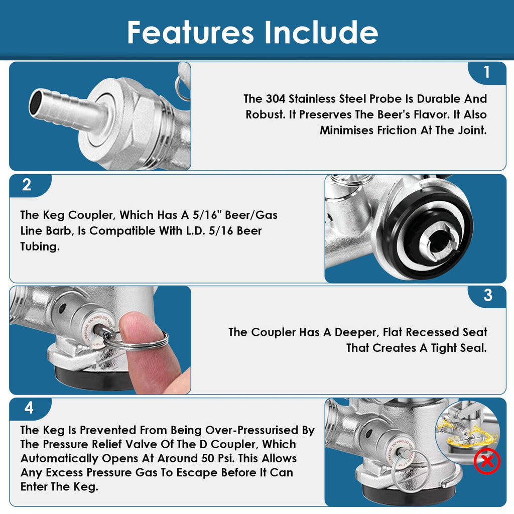 AGJIQ D Type Keg Coupler, Beer Keg Coupler with D Type System & Safety Pressure Relief Valve, Compatible with Sankey D Keg Tap Dispenser & Draft Beer Dispenser