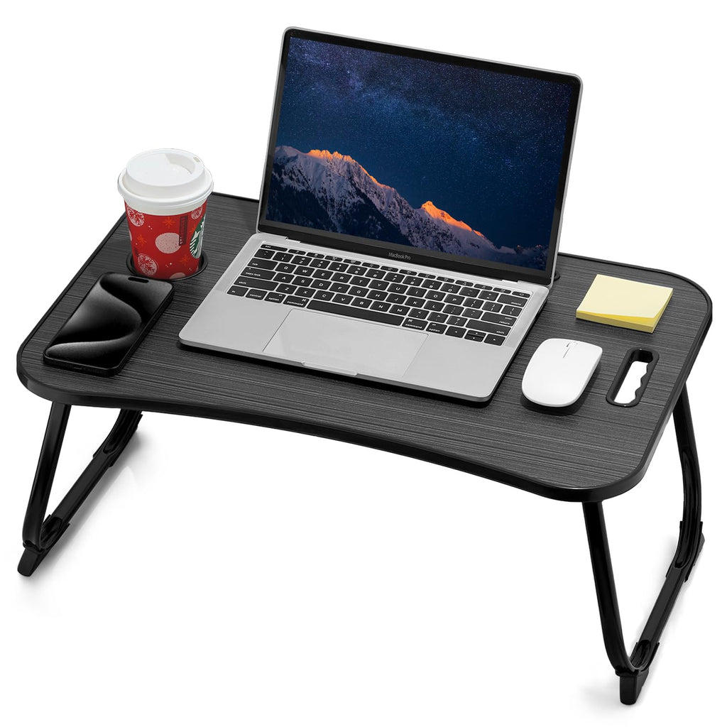 ZEAPTAC Laptop Bed Desk, Foldable Lap Desk, Portable Lap Table, Laptop Stand with Cup Holder & Tablet Slot & Lifting Handle for Working Writing Drawing & Eating - Dark Black