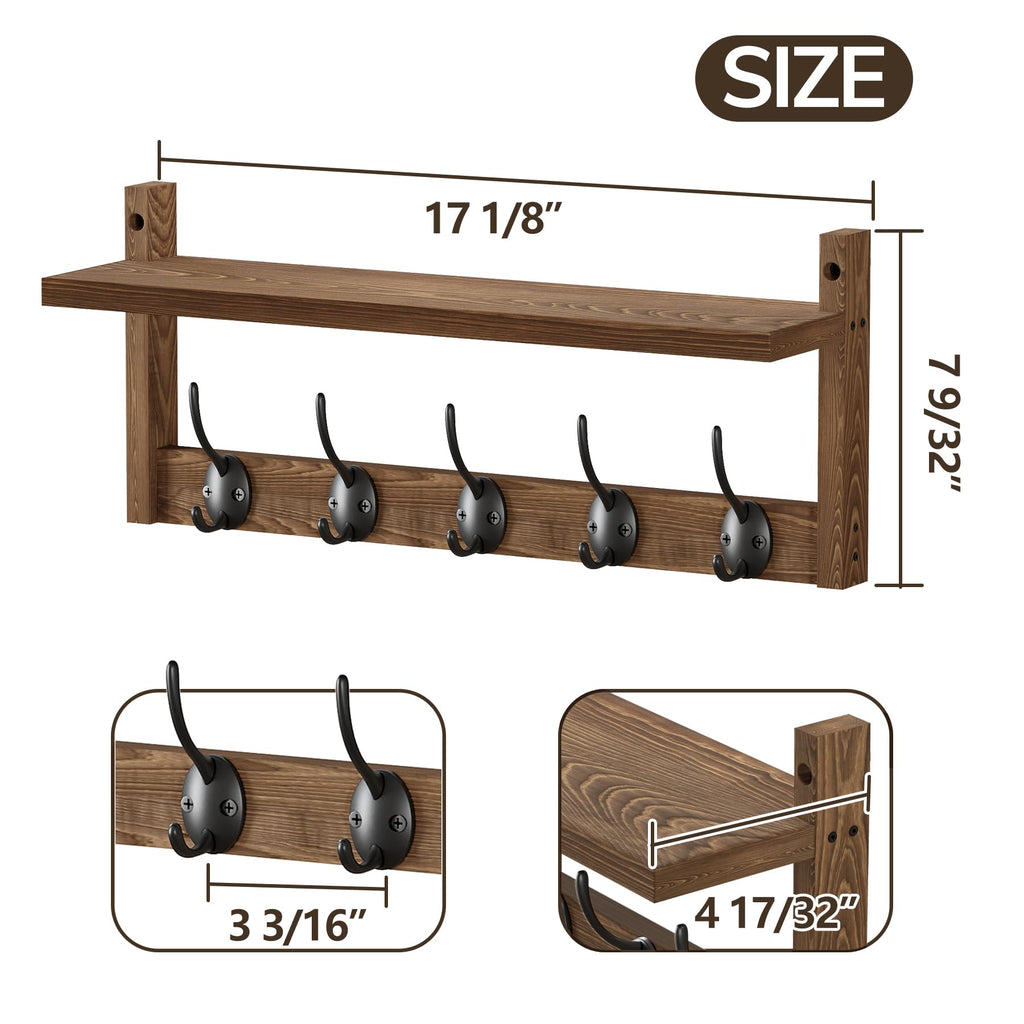 AMBIRD Retro Brown Wood Wall Mount Coat Hook Rack with 5 Dual Hooks and Shelf for Bathroom, Bedroom, Kitchen, Entrance