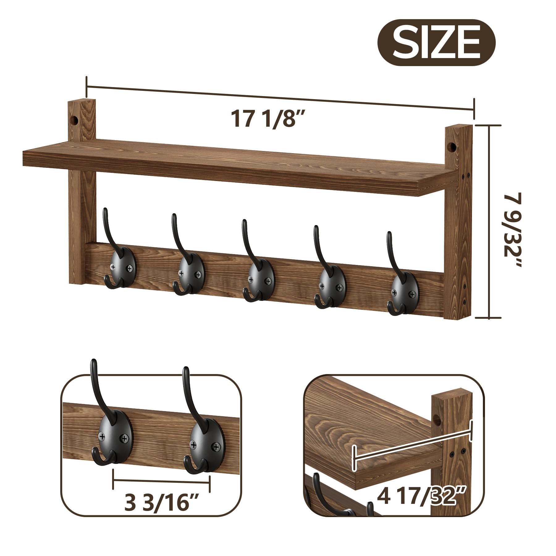 AMBIRD Retro Brown Wood Wall Mount Coat Hook Rack with 5 Dual Hooks and Shelf for Bathroom, Bedroom, Kitchen, Entrance