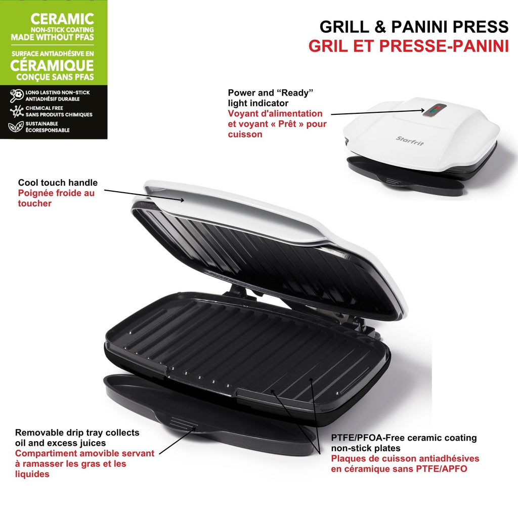 Starfrit Grill And Panini Press With Ceramic Coating - Non-Stick Coating - PFAS-Free - Removable Fat And Oil Collection - White