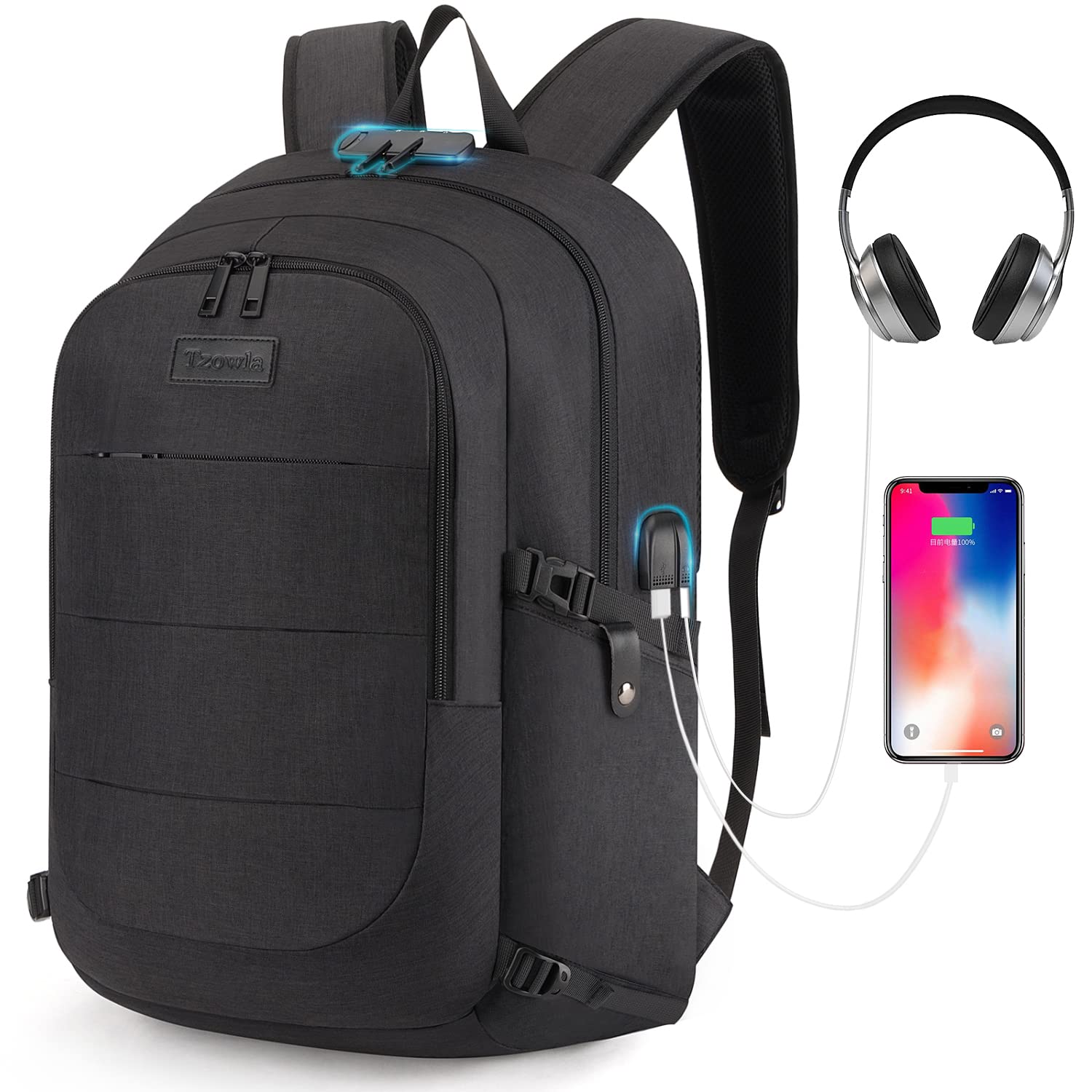 Tzowla Laptop Backpack Anti-Theft Water Resistant Bag with USB Charging Port and Lock 15.6 Inch Computer Business Travel Backpacks for Women Men College School Student Gift,Bookbag Casual Daypack